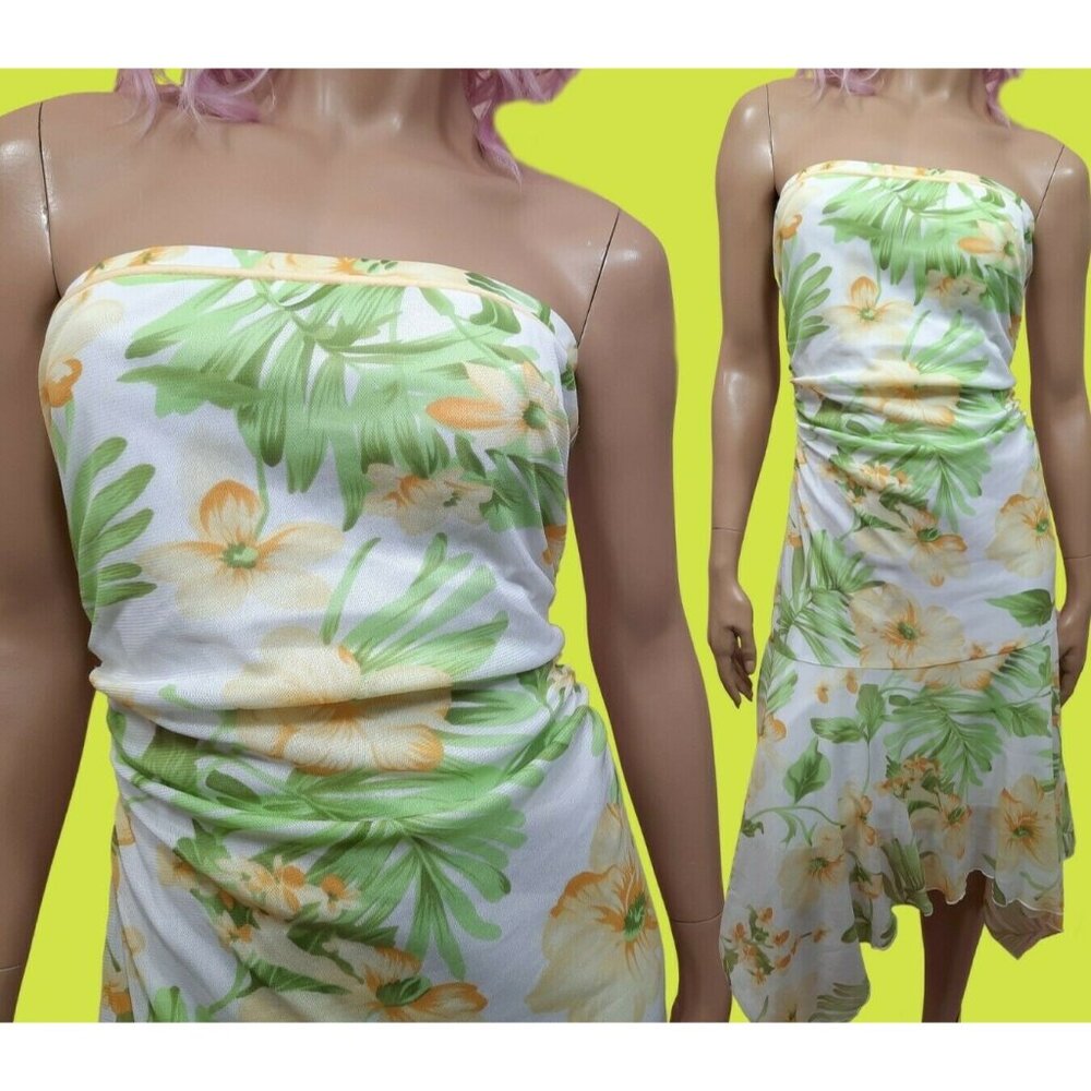 90s Y2K Strapless Floral Mesh Dress Size M White Yellow Green Midi Length Ruched